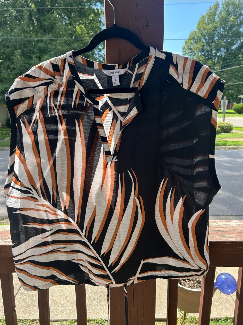 Nine West Black, Cream & Rust Palm-Leaf Sleeveless Blouse